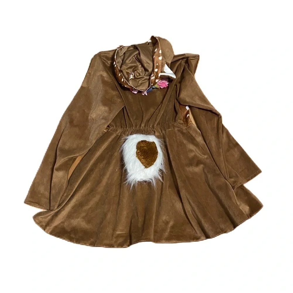 Spirit Halloween Deer Fawn Costume Medium Hooded Kids Girls Brown Tan Flower - Picture 2 of 6